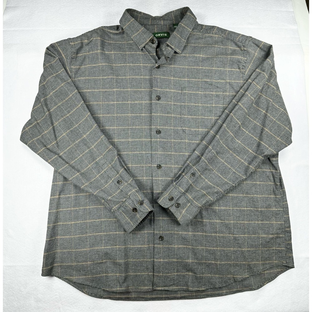 Orvis Mens XXL Cotton Wool Blend Micro Check Flannel Shirt Grey Yellow Stripe